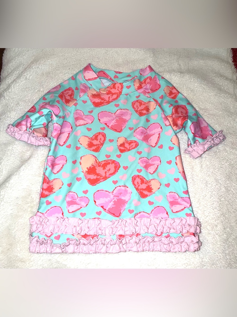 RuffleButts colorful heart patterned girls rashguard, size 18-24 mos